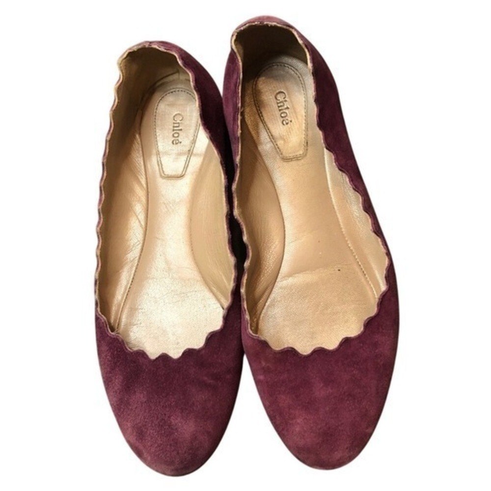 Chloe Lauren Scalloped Suede Ballet Flats Burgundy Plum Size 35.5 Made in Italy - Picture 2 of 11